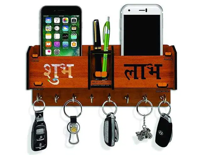 Wood 2 Pocket Mobile & Key Holder For Home Decor, Brown, NC-016