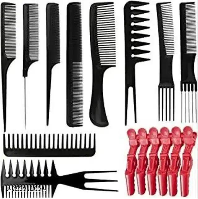 10 Pcs Salon Hair Comb with 6 Pcs Crocodile Clip for Hair, Black, Set of 16