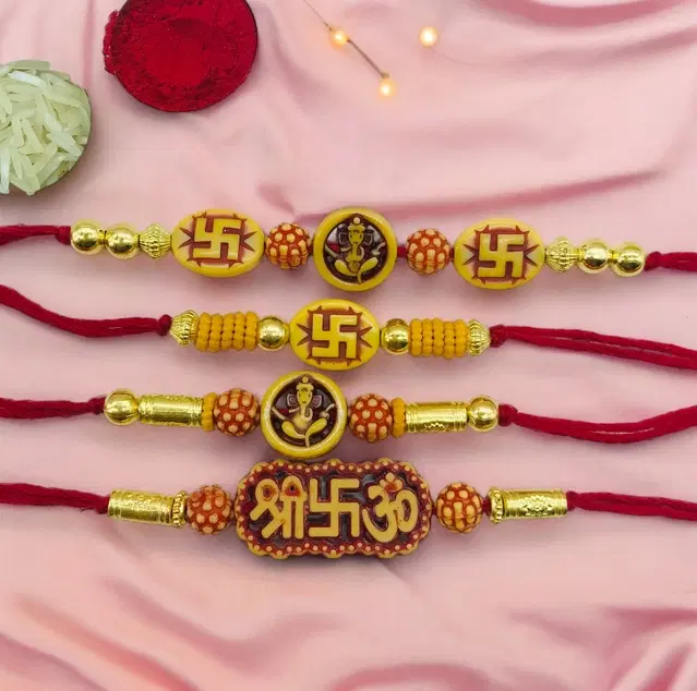 Handmade Designer Rakhi with Roli Chawal, Multicolor, Pack of 4