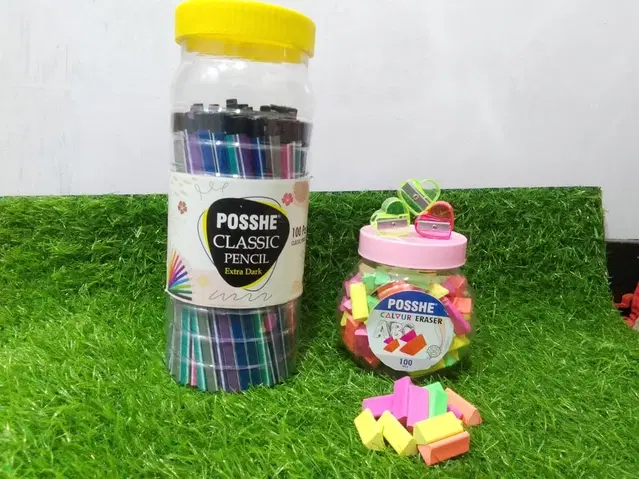 Combo of Posshe Pencils, 100 Pcs with 100 Pcs Erasers & 2 Pcs Sharpeners, Multicolor, Set of 3