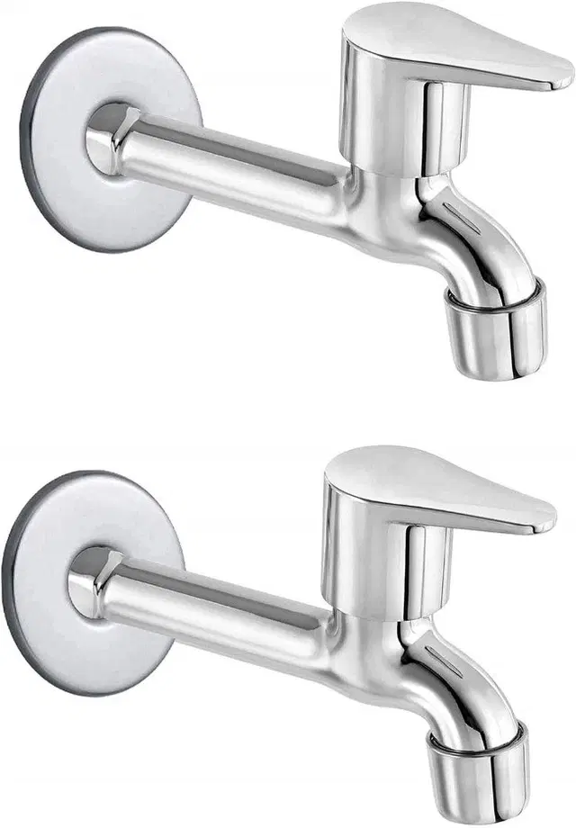 Stainless Steel Long Body Bib Cock Tap with Wall Flange, Silver, Set of 2