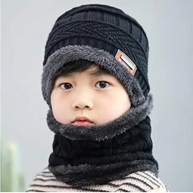 Winter Cap with Neck Warmer for Boys, Set of 1 (Black, 7-14 Years)