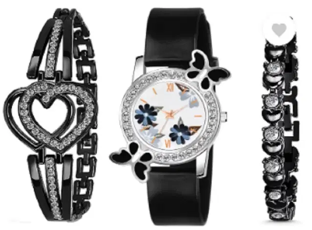 Analog Watch with 2 Pcs Bracelets for Women & Girls, Set of 3 (Black)