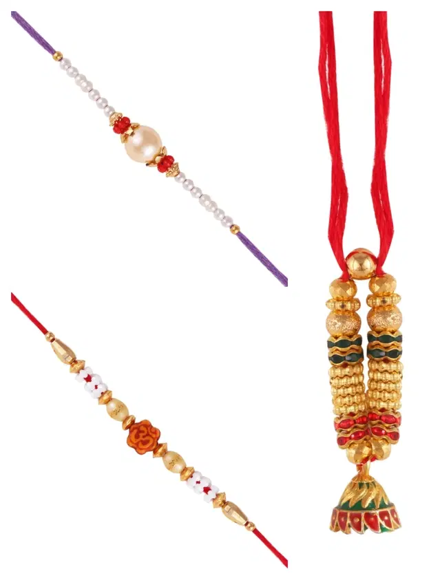 Designer Rakhi with Pearls Lumba for Rakshabandhan, Multicolor, Pack of 3
