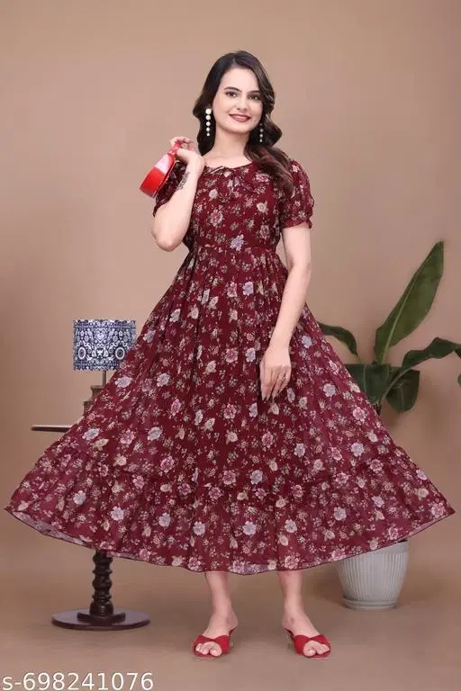 Calf-Length Floral Printed One Piece Dress (Maroon, S)