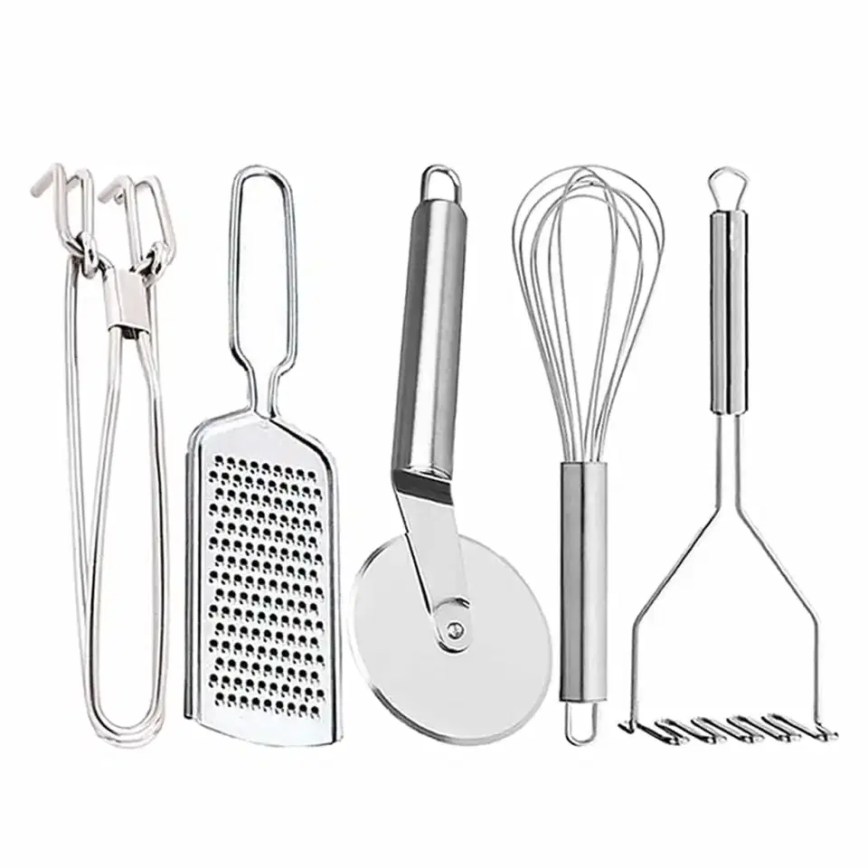 Oc9 Stainless Steel Utility Pakkad & Cheese Grater & Egg Whisk & Pizza Cutter & Potato Masher For Kitchen Tool Set