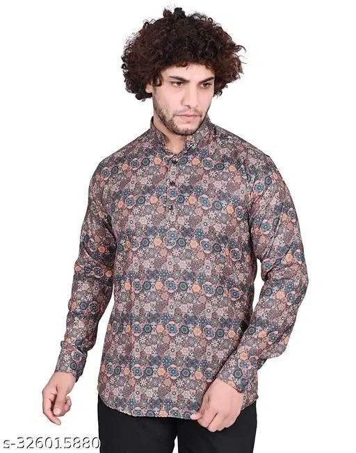 Cotton Blend Printed Short Kurta for Men, Multicolor (M)