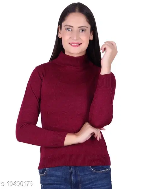 Hi-Neck Sweater for Women (Wine, M)