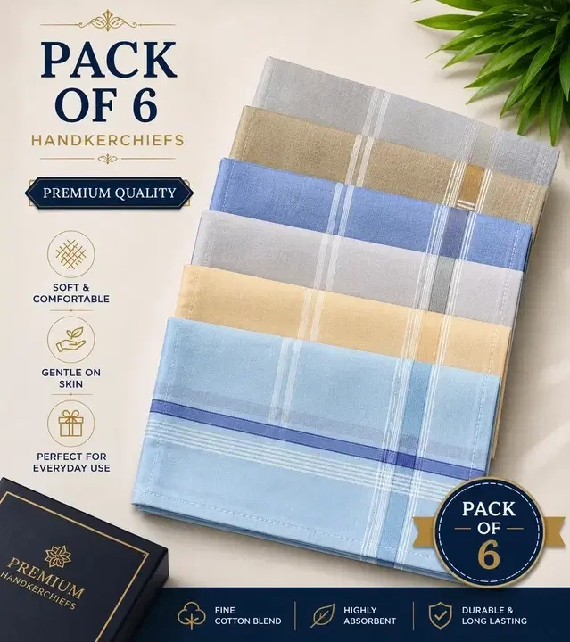 Cotton Solid Handkerchiefs for Men, Multicolor Pack of 6