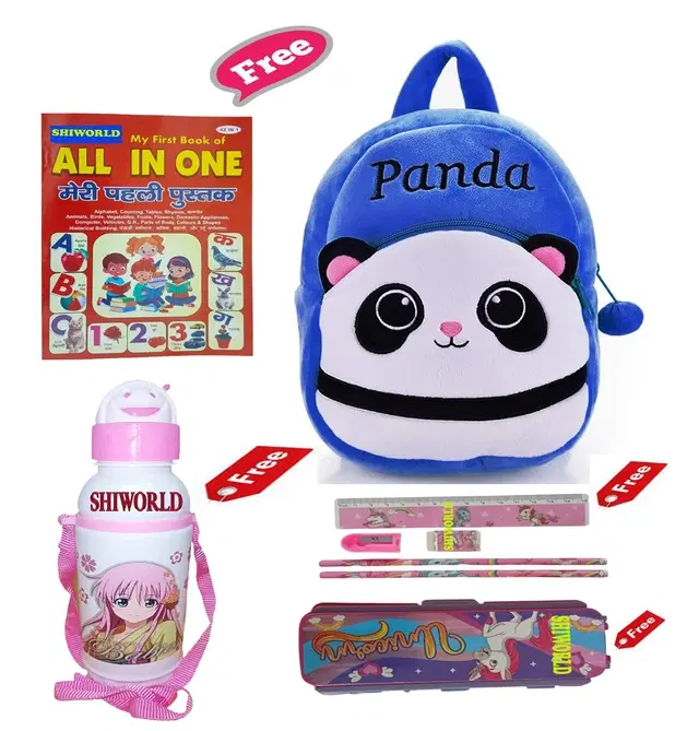 Combo of Kids Cartoon Bag Backpack, All In One Book, Water Bottle & Gift Set Geometry Set, Multicolor, Set of 1