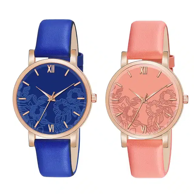 Designer Leather Analog Watch for Women & Girls, Pack of 2 (Blue & Orange)