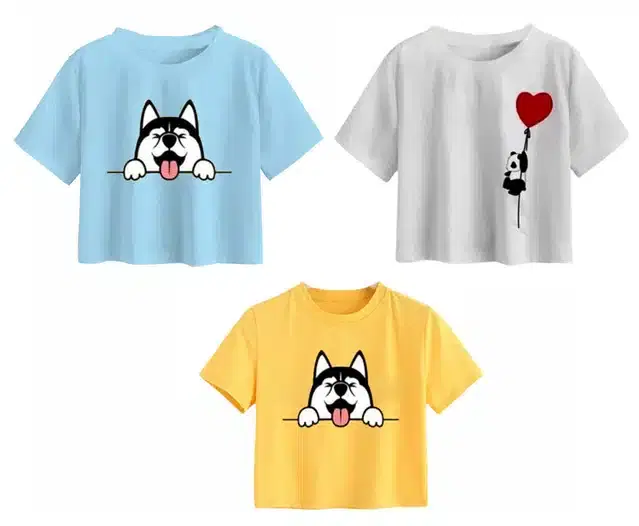 Cotton Printed Crop Tops for Girls, Pack of 3 (Multicolor, 13-14 Years)