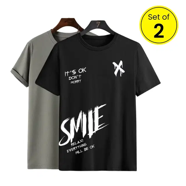 Round Neck T-Shirt for Men, Pack of 2, Grey & Black (XXL)