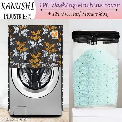 KANUSHI Industries® Washable & Dustproof Front Load Automatic Washing Machine Cover+ 1 Pc Surf Power Storage Box (Suitable for 6 Kg, 6.5 kg, 7 kg, 7.5 kg)(WASMAC-BROWN-SMALL-LEVS-FRONT+1-GIFT)