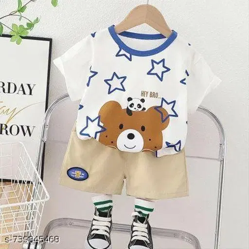 Cute Bear & Panda Graphic T-Shirt and Shorts Set for Boys (White, 6-9 Months)