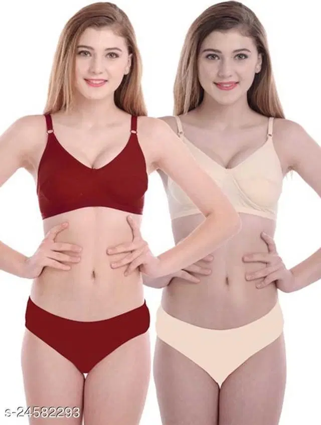 Cotton Blend Solid Lingerie Set for Women, Pack of 2 (Multicolor, 30A)