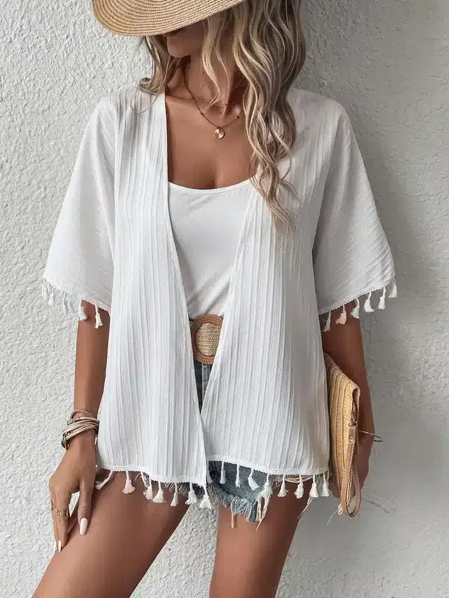 Georgette Printed Shrug for Women (White, S)