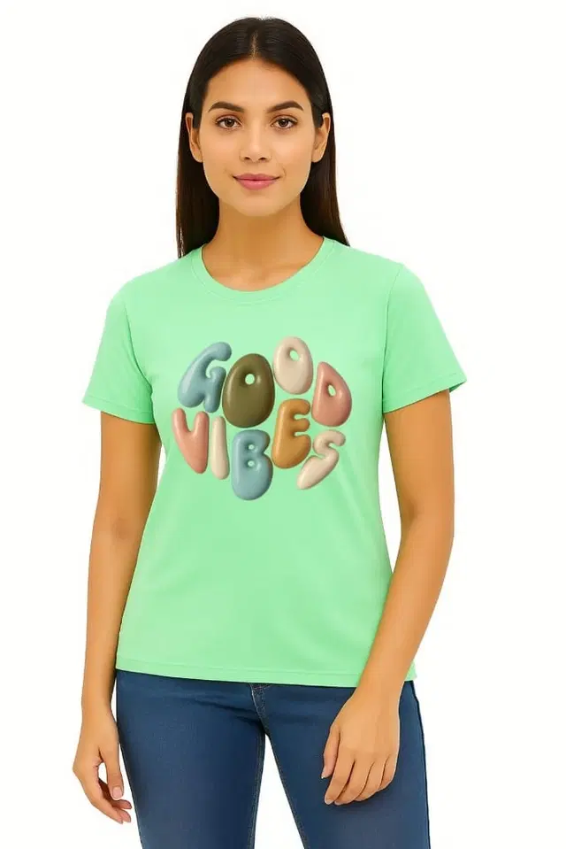 Cotton Blend Printed T-shirt for Women, Green (L)