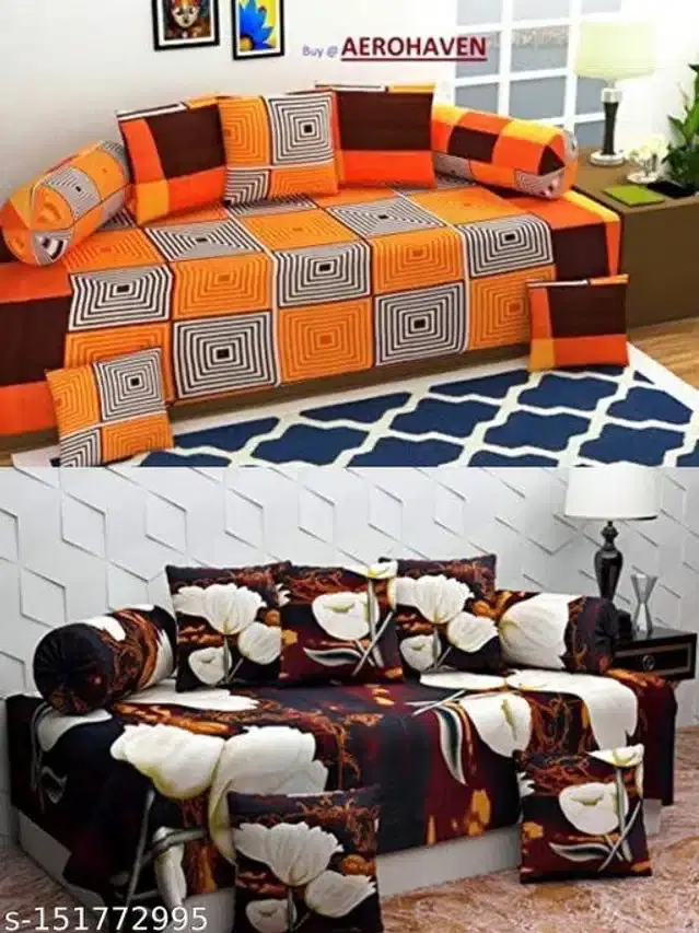 Polycotton Diwan Cover Set, Orange & Brown, Combo of 2