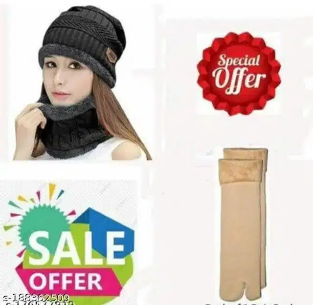 Woolen Winter Beanie Cap with Neck Warmer & Socks for Women, Set of 2 (Dark Brown & Beige, Free Size)