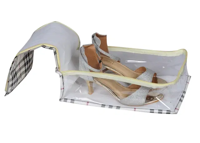 Portable Canvas Checkered Shoe Storage Bag, White