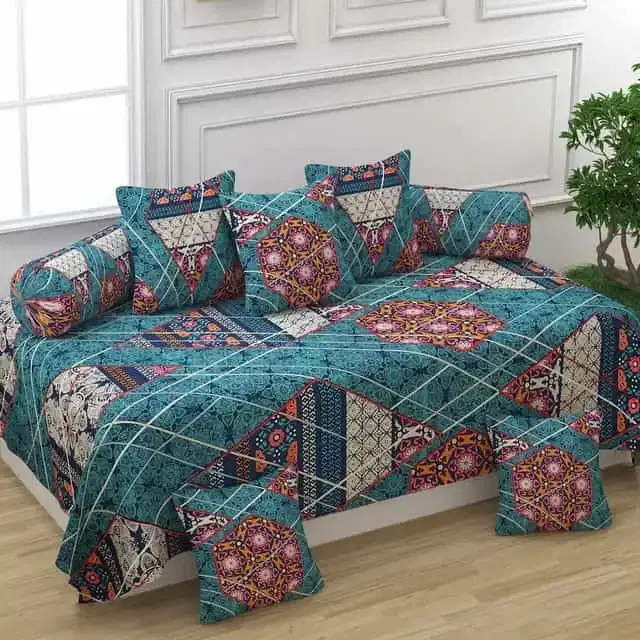 Adirav Polycotton Feel Single Bed Sheet, 2 Bolster covers & 5 Cushion Covers, Peacock green, ADRV-DW-89