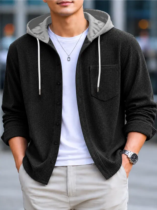 Solid Hooded Shirt for Men (Black, S)