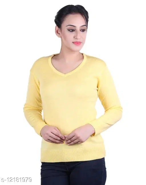 Acrylic Solid Sweater for Women (Yellow, M)