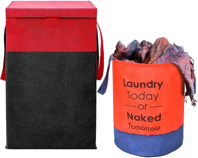 Canvas Laundry Basket,Red & Black,  (Pack Of 2)