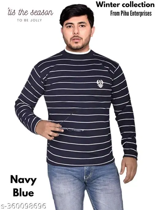 Woolen Striped Sweater for Men (Navy Blue, XL)
