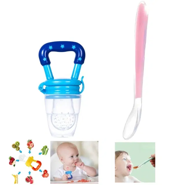 Combo of Silicone Feeding Spoon & Fruit Nibbler for Baby, Multicolor, Set of 2