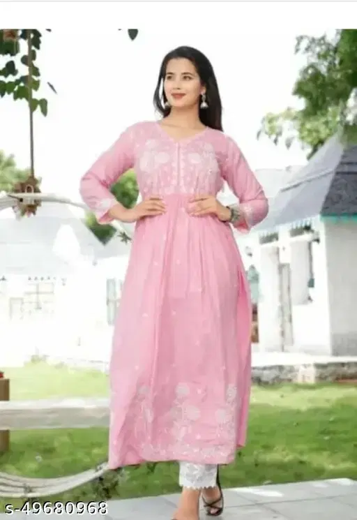 Rayon Printed Anarkali Kurti for Women, Pink (S)