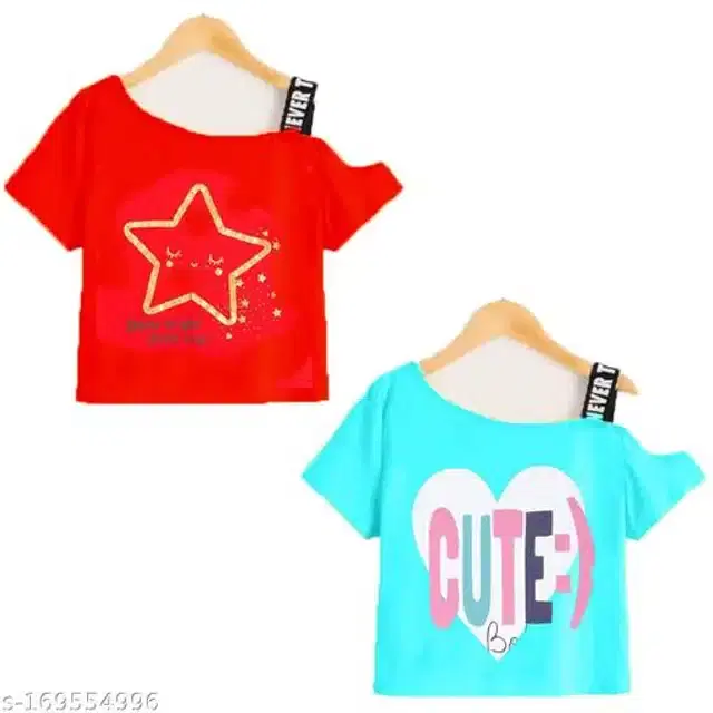 Cotton Half Sleeves Top for Girls, Pack of 2 (Red & Aqua Blue, 3-4 Years)