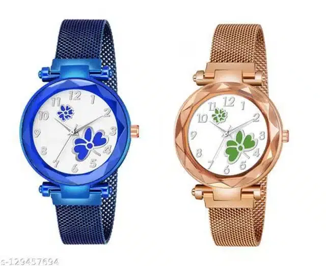 Analog Watch for Women, Pack of 2 (Blue & Rose Gold)
