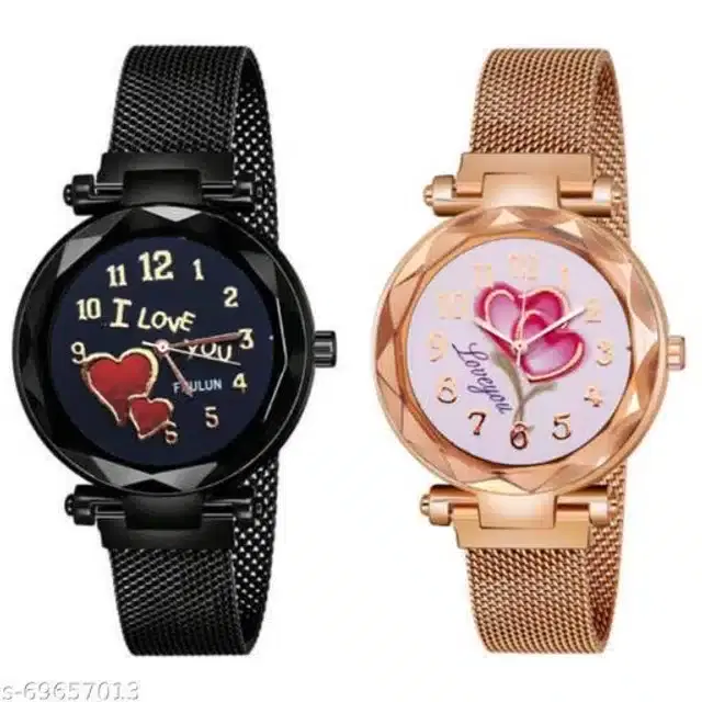 Analog Watch for Women, Set of 2 (Rose Gold & Black)