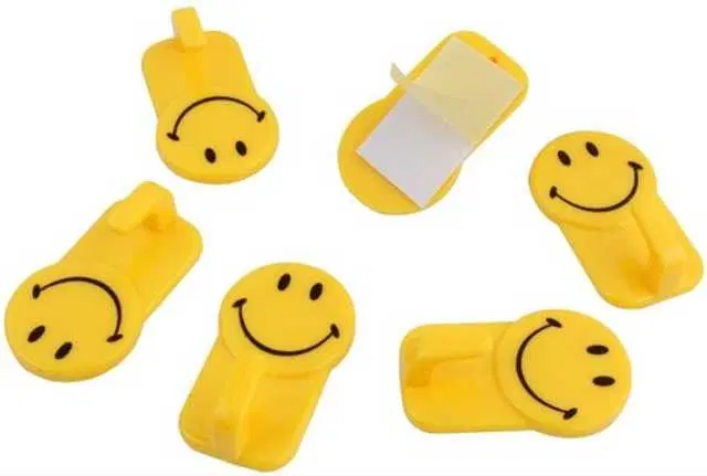 Pinak Plastic Self-Adhesive Smiley Face Hooks, Pack Of 6, Yellow, PS-93