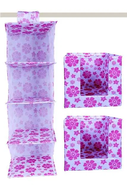 Flower Shirt Staker2 Pic & 4 Tier Closet Wardrobe Organizer Storage Hanger, Foldable & Universal Fit 1 Pic, Pink, 30x25x80 cm, Pack Of 3, S-24