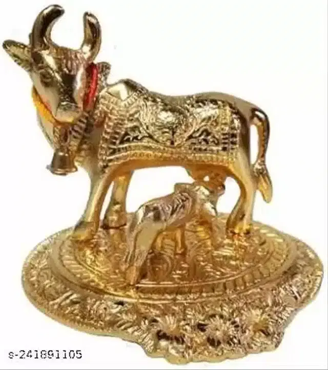 Brass Kamdhenu Cow with Calf Showpiece, Gold