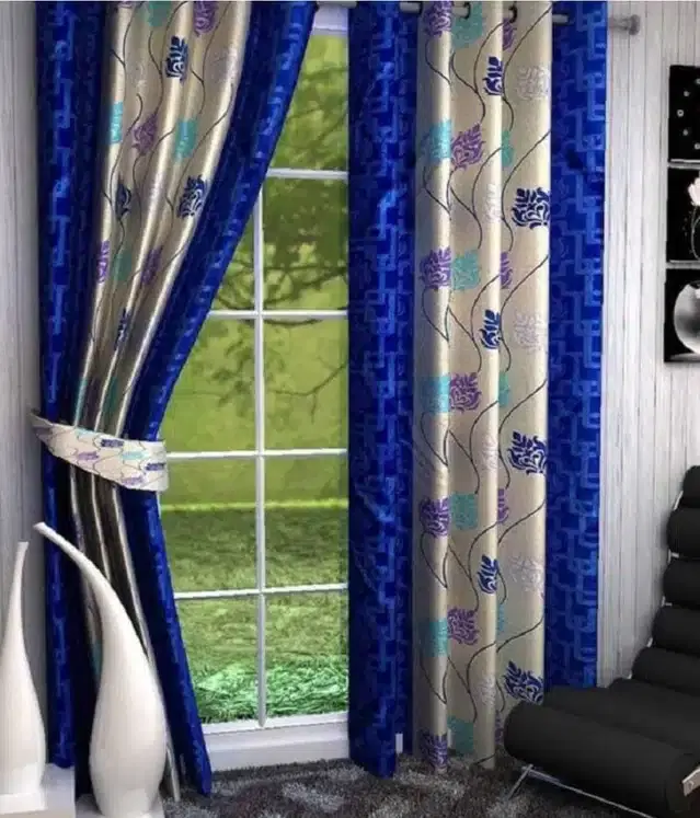 Polyester Printed Window & Door Curtains, Pack of 2, Blue, 5 feet