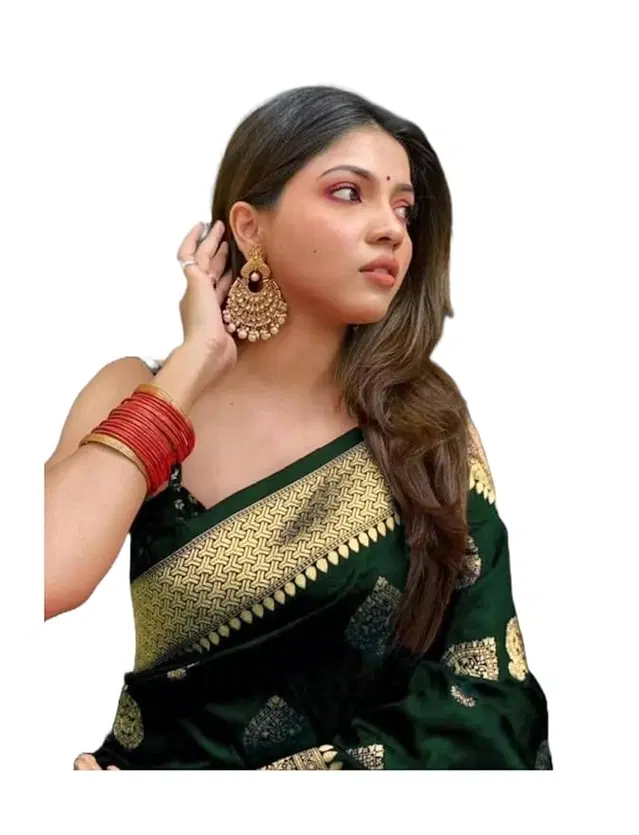 Banarasi Silk Zari Woven Saree for Women, Green