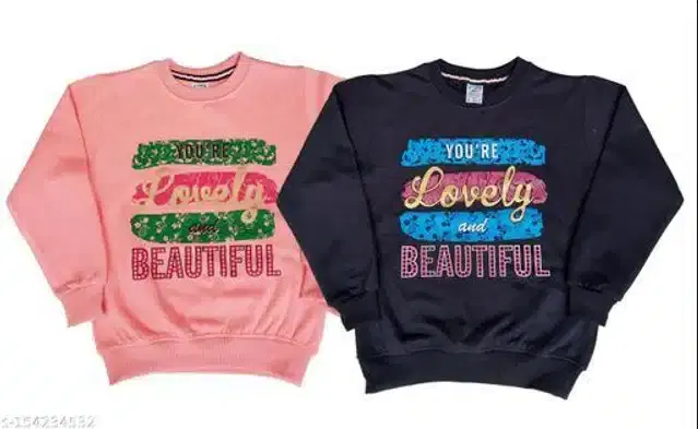 Fleece Printed Full Sleeves Round Neck Sweatshirts for Girls, Pack of 2 (Peach & Black, 7-8 Years)