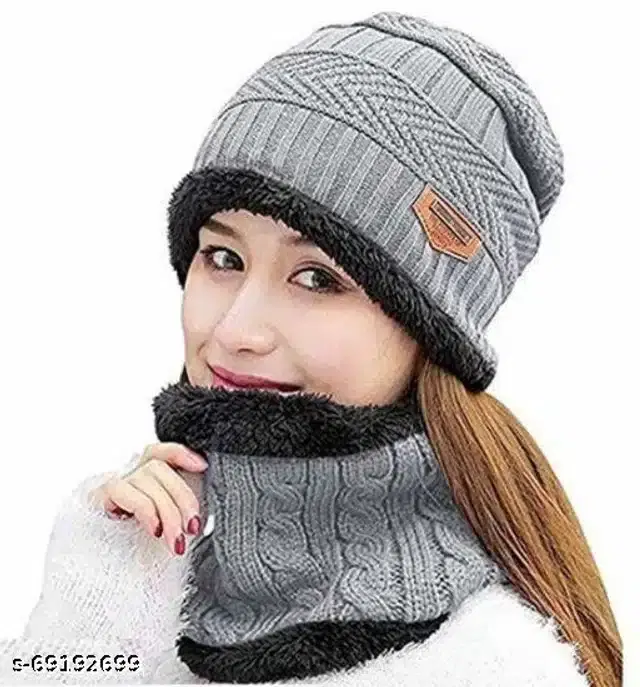 Woolen Solid Cap with Neck Warmer for Women, Grey (Set of 2)