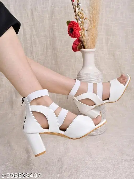 [99] Solid Synthetic Block Heel Sandals for Women (White, IND-6)