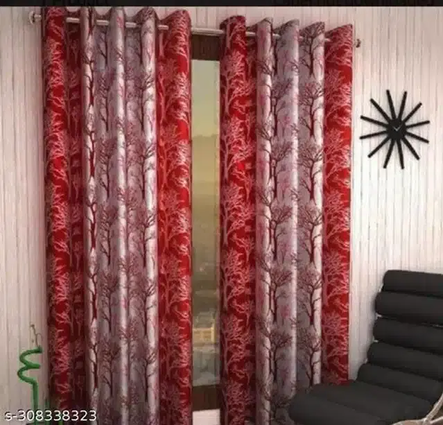 Polyester Door Curtains, Red, 7 Feet, Pack of 2