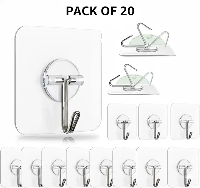Plastic Wall Hooks, Transparent (Pack of 20)