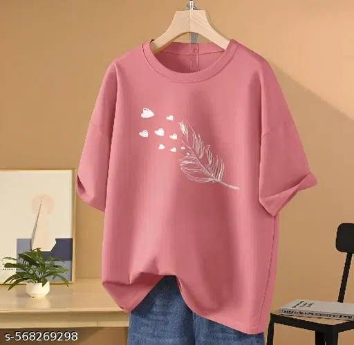 Cotton Blend Printed T-shirt for Women, Peach (XXS)
