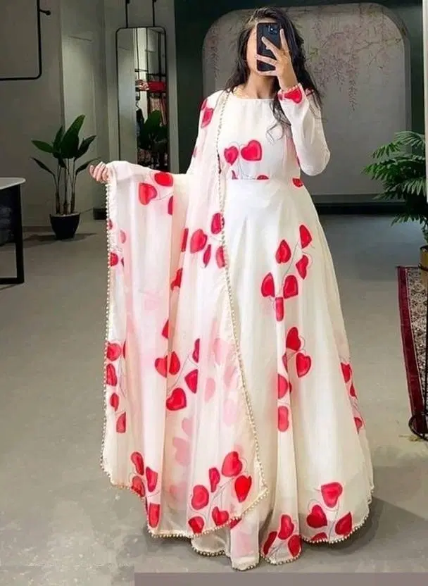 Georgette Printed Gown with Dupatta for Women, White & Red (S)