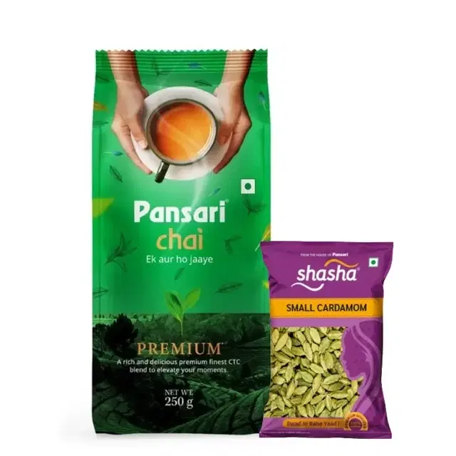 Pansari Chai - Premium 250 g + Shasha Green Cardamon 1.25 g  Free