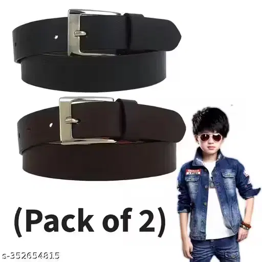 Faux Leather Solid Belt for Boys ,Brown & Black, Pack of 2