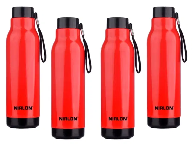 Nirlon Loki Pu Insulated Stainless Steel Inner Side Set Of 4, 480Ml Each Bottle, Break Proof, Leak Proof, Hot & Cold Water Bottle For Home| School | Office | Gym | Hiking | Travel Bottle (Red)